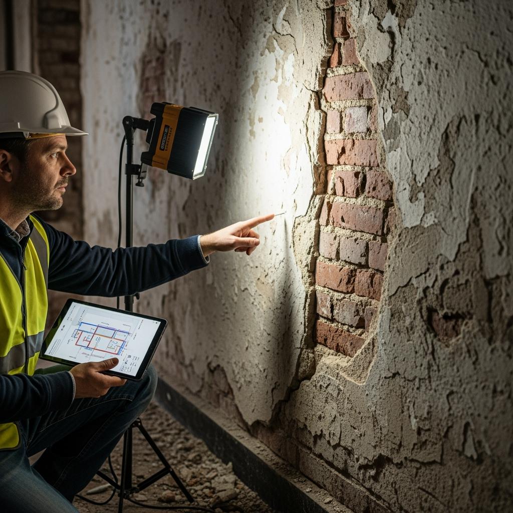 mur fissuré inspecté par un expert en bâtiment avec tablette, lumière de chantier, ambiance sérieuse et détaillée.