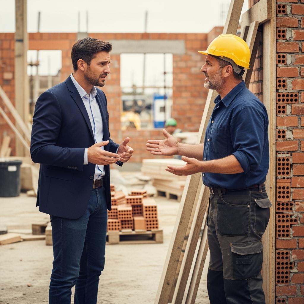 client mécontent discutant avec un artisan sur un chantier, absence de document d’assurance, ambiance tendue mais professionnelle, lumière naturelle.